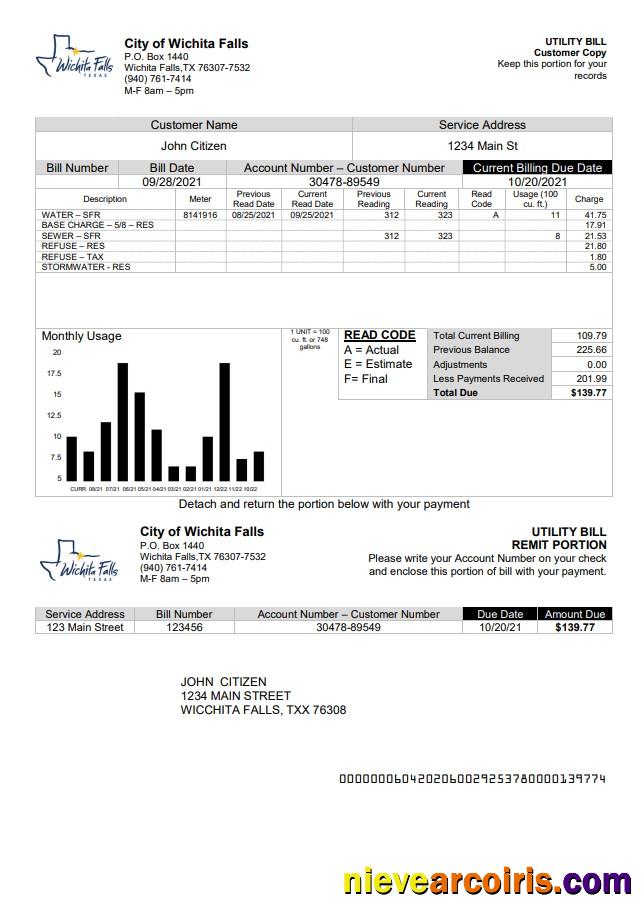 USA The City of Wichita Falls Utility bill